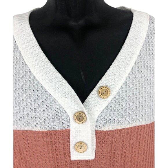 First Love Women's SIze Medium Colorblock Long Sleeve Waffle Knit Shirt V Neck - Picture 3 of 7